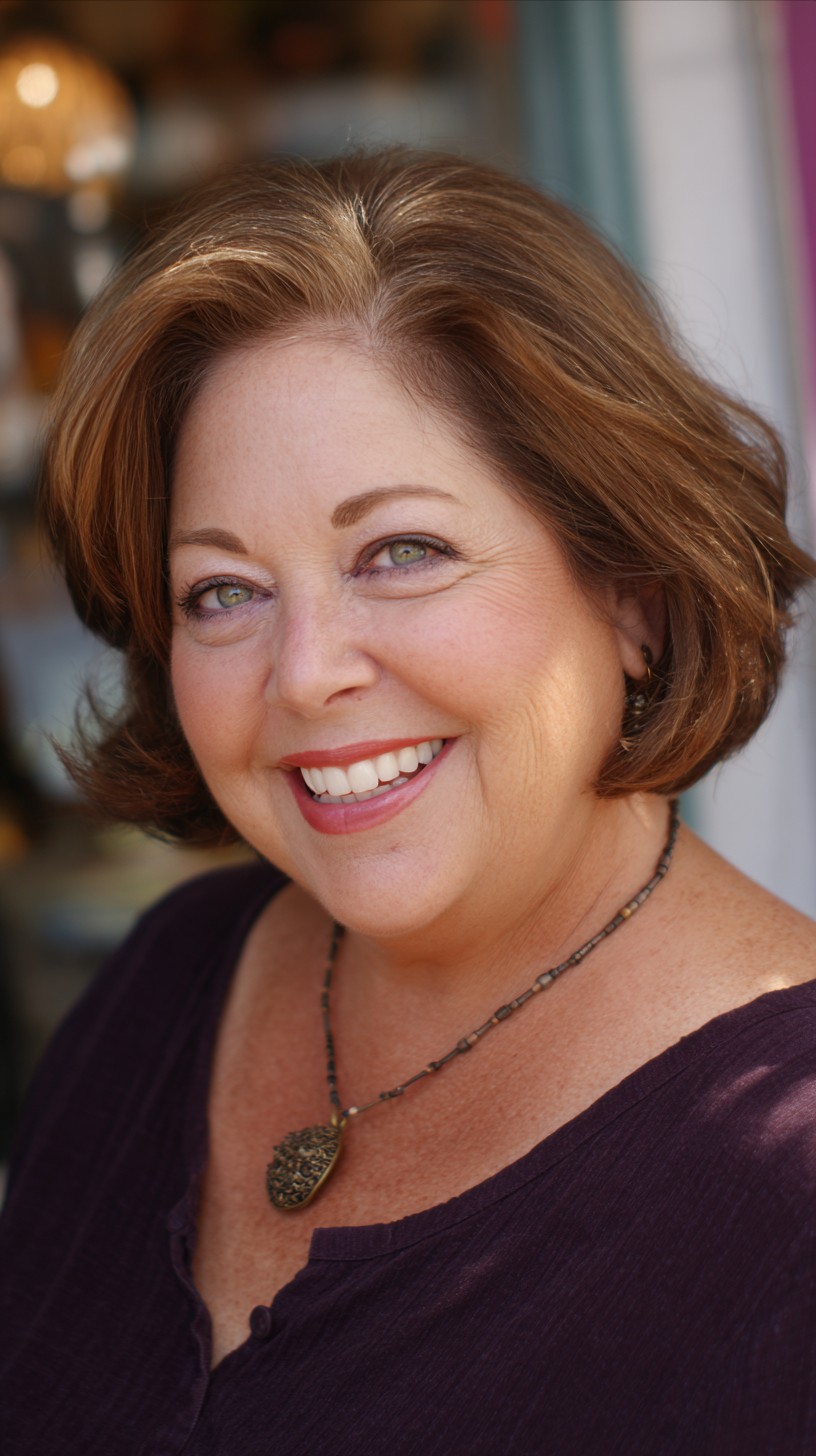 Vibrant Auburn Lob with Soft Curls for Mature Women