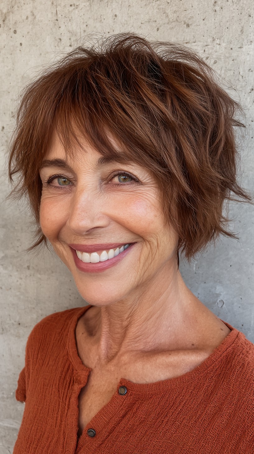 Warm Auburn Tousled Pixie with Soft Bangs