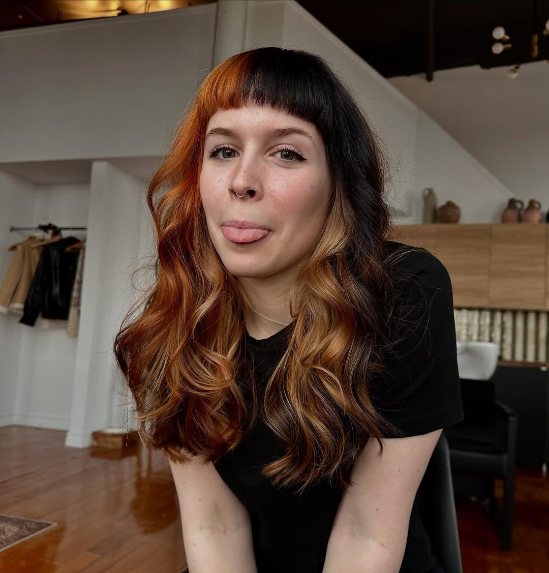 Amber-Sunset Ombre with Bold Auburn Bangs