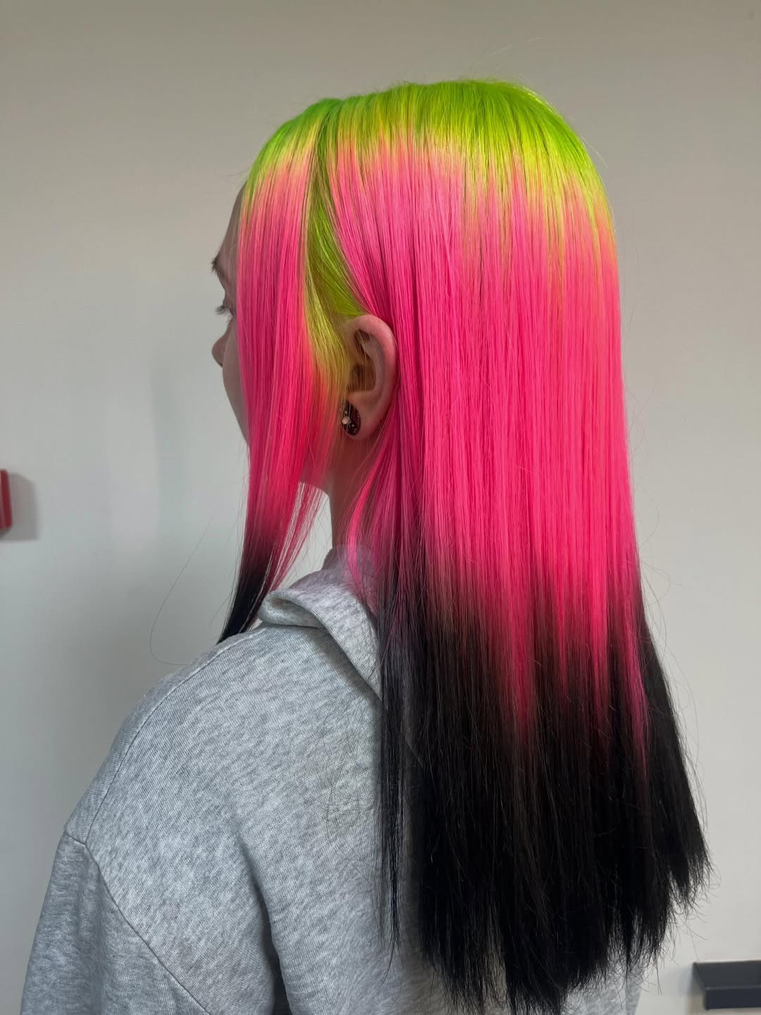 Bright Lime-to-Hot-Pink Ombre on Silky Straight Hair