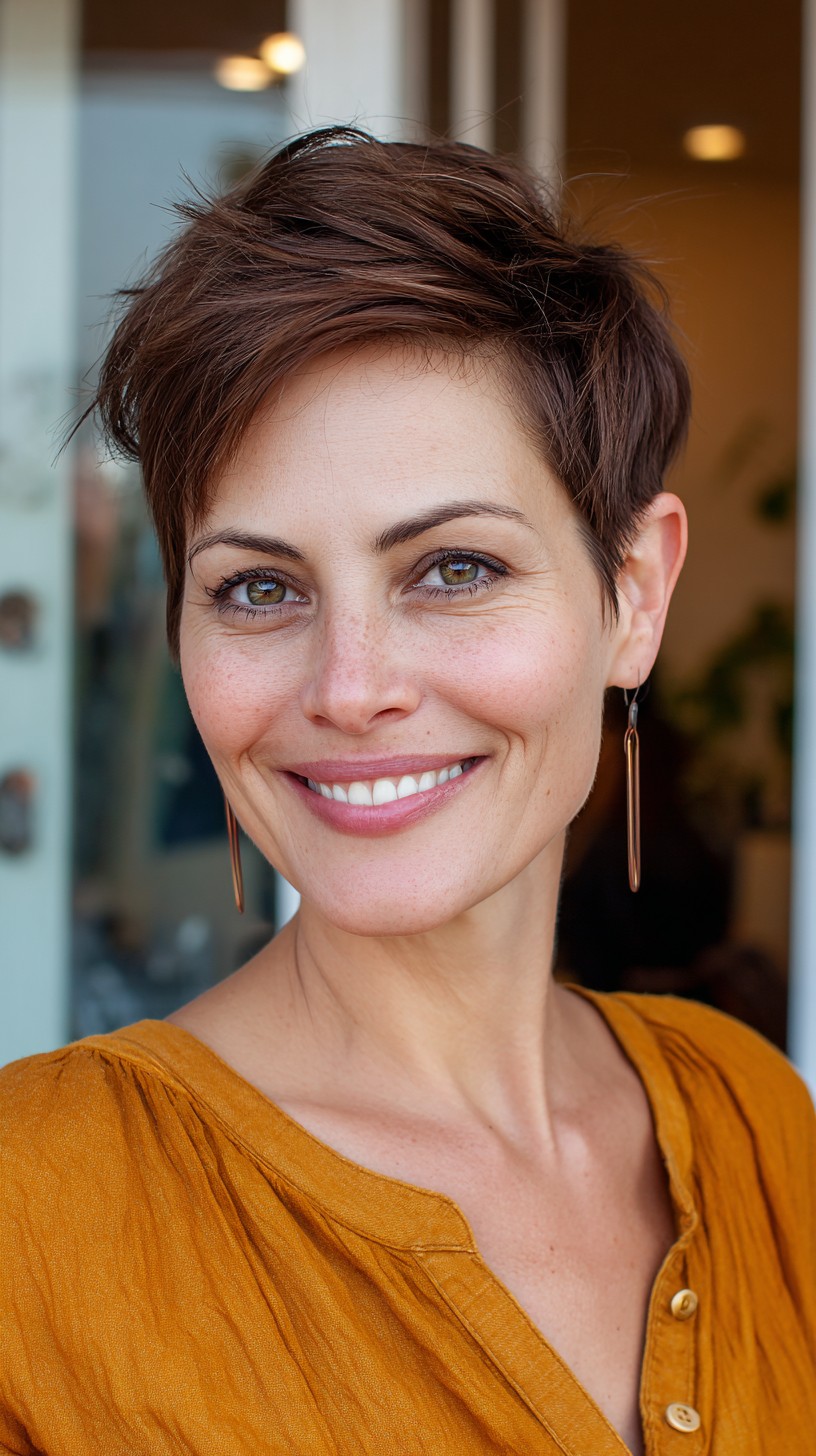 Charming Chestnut Textured Pixie with Soft Fringe
