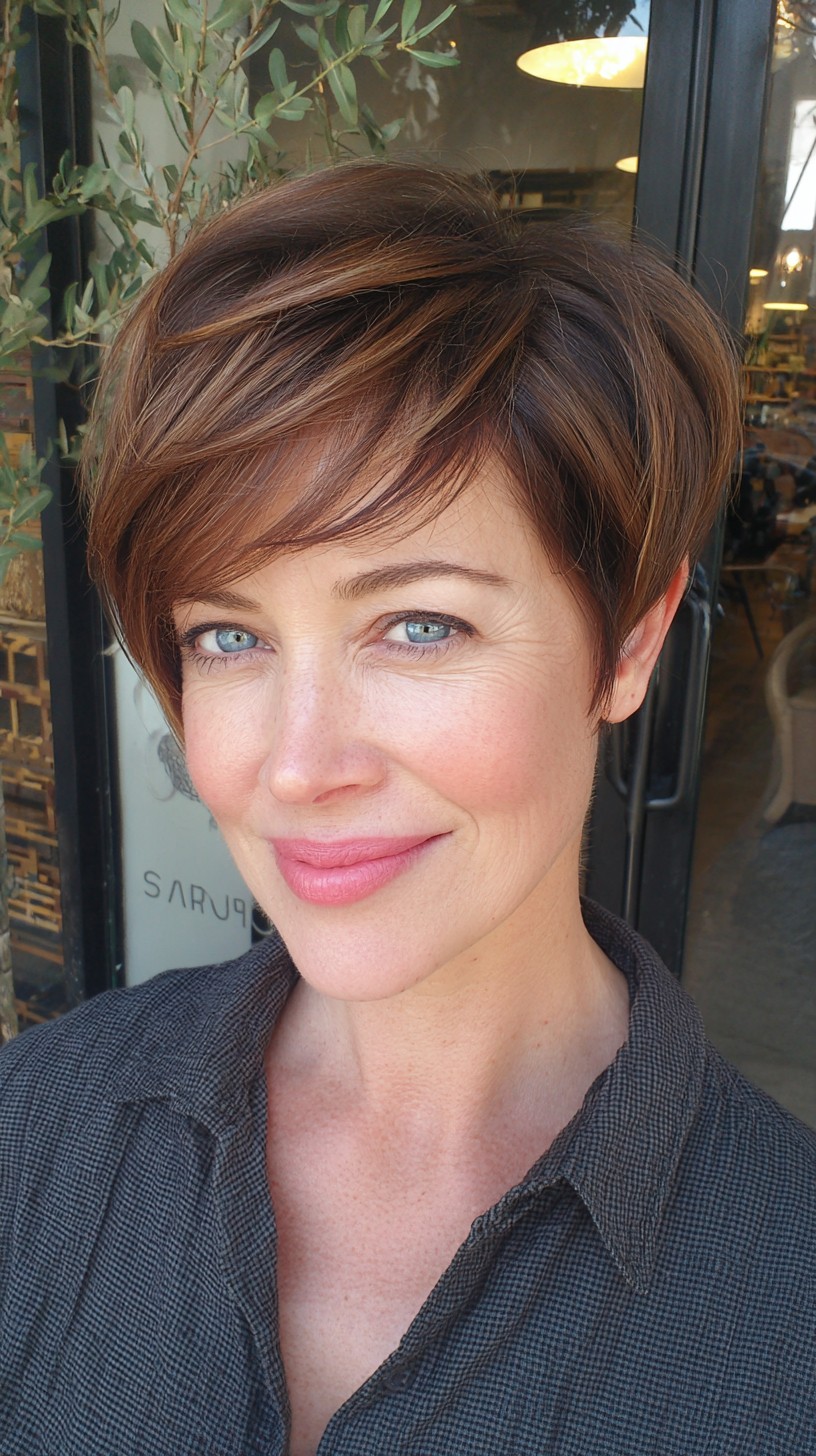 Dynamic Chestnut Pixie with Swooping Fringe
