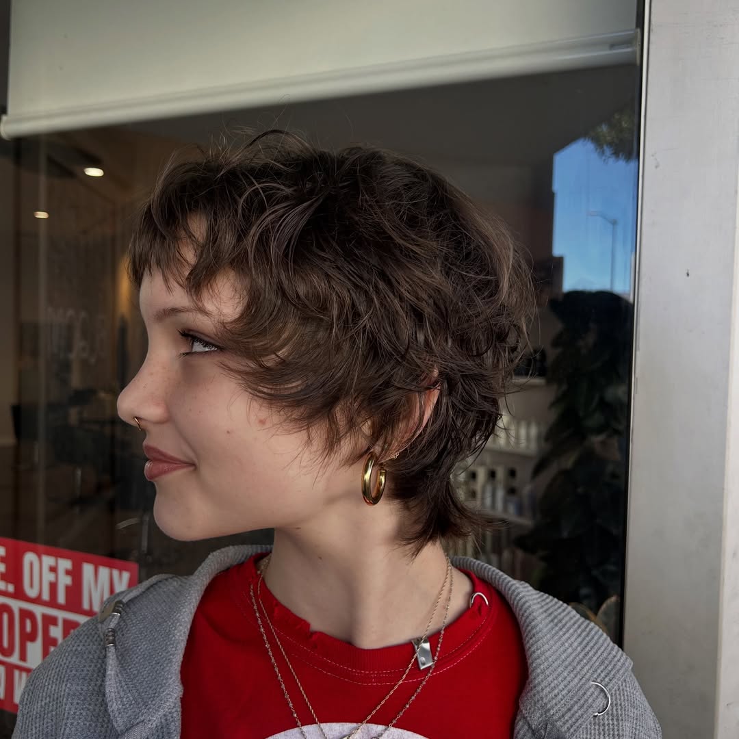 Dynamic Chestnut Windswept Pixie Cut