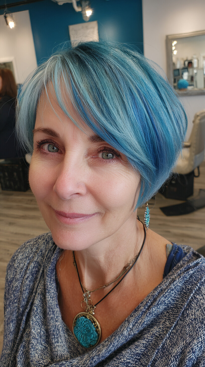 Electric-Blue Layered Pixie with Side-Swept Bangs
