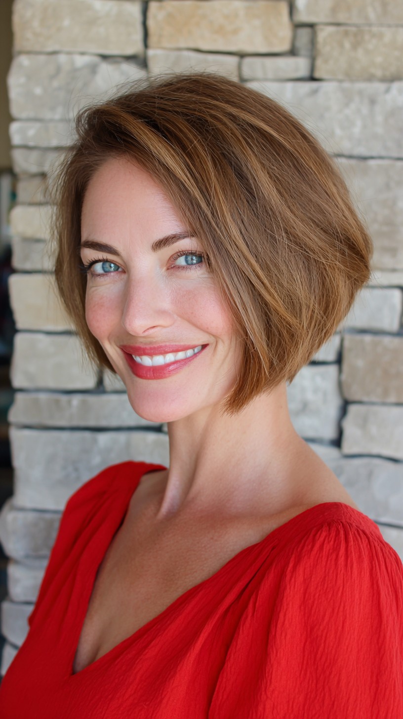 Elegant Auburn Stacked Bob with Side Swept Fringe