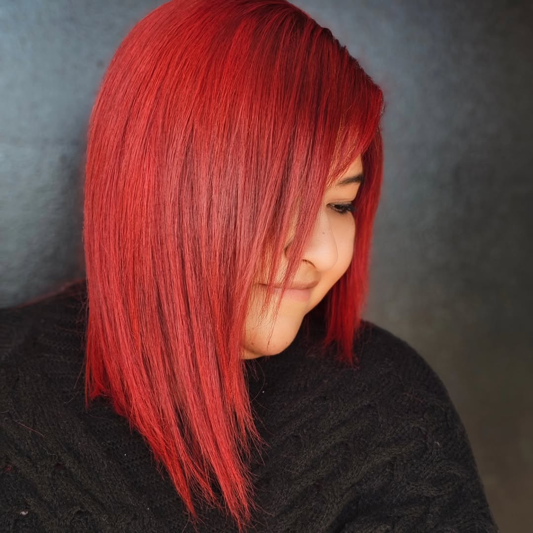 Fiery Red Asymmetrical Angled Bob