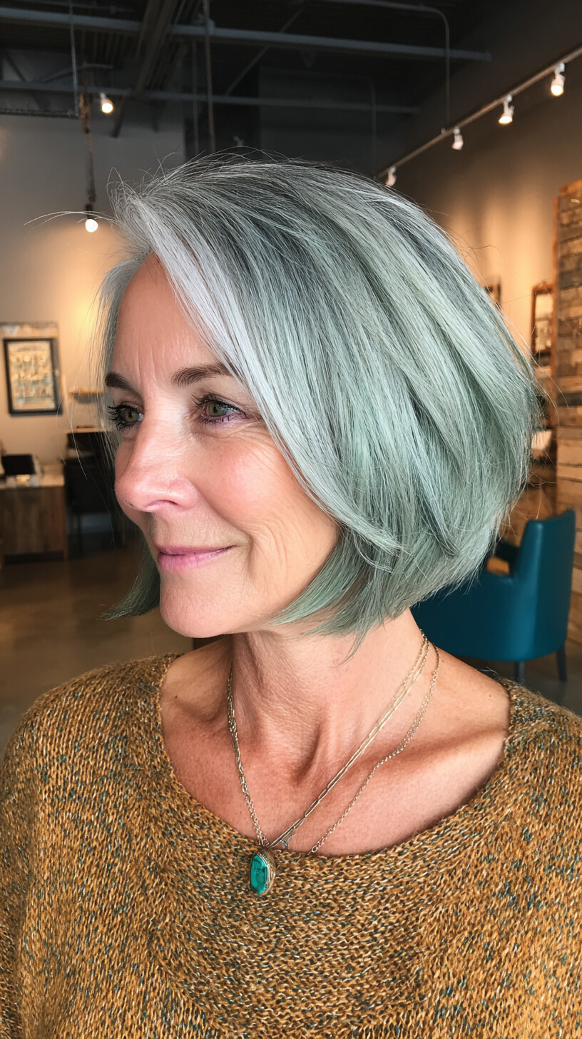 Silver Mint Layered Bob with Soft Waves