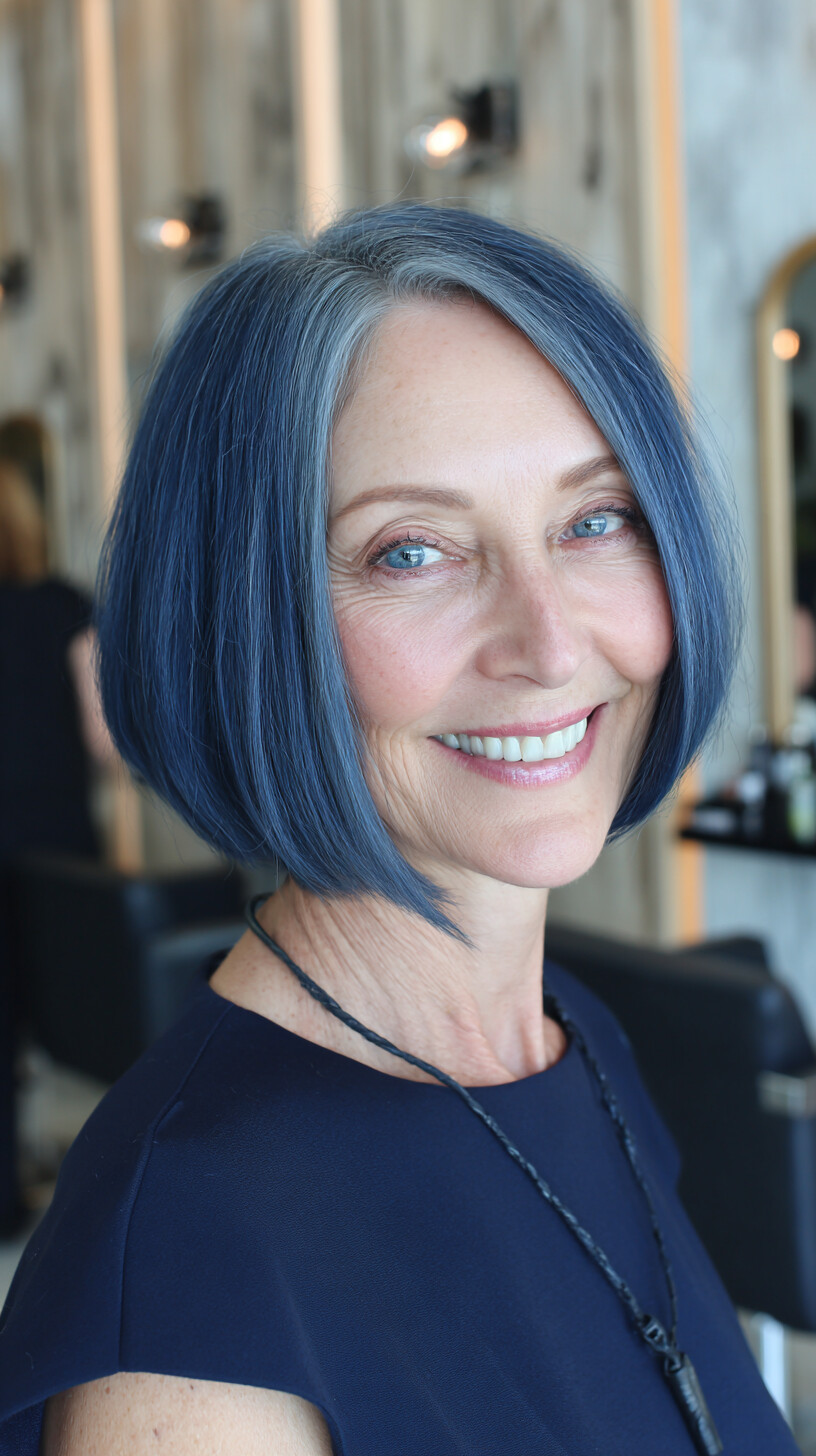Sleek Sapphire Bob with Soft Silver Undertones