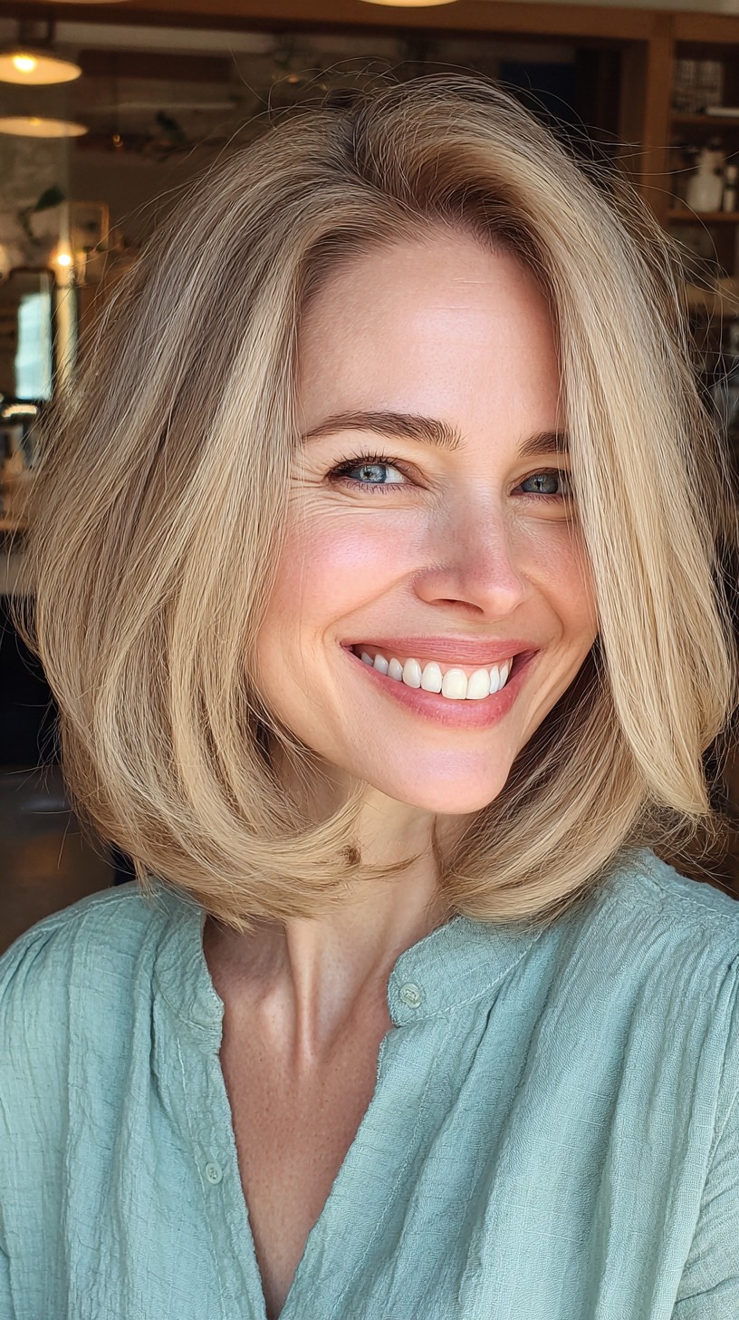 Soft Beige Blonde Curved Bob for Fine Hair