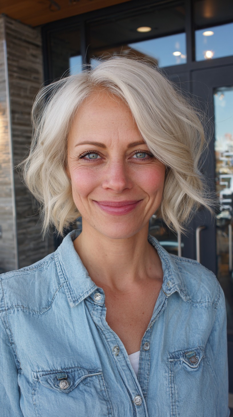 Soft Silver Layered Lob with Natural Waves