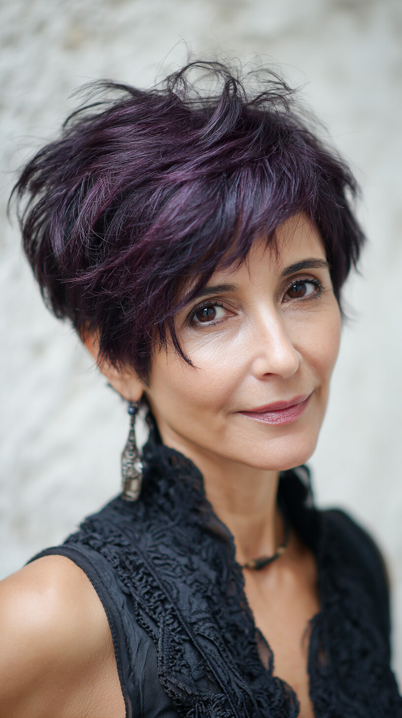 Sultry Plum Textured Pixie with Tousled Top