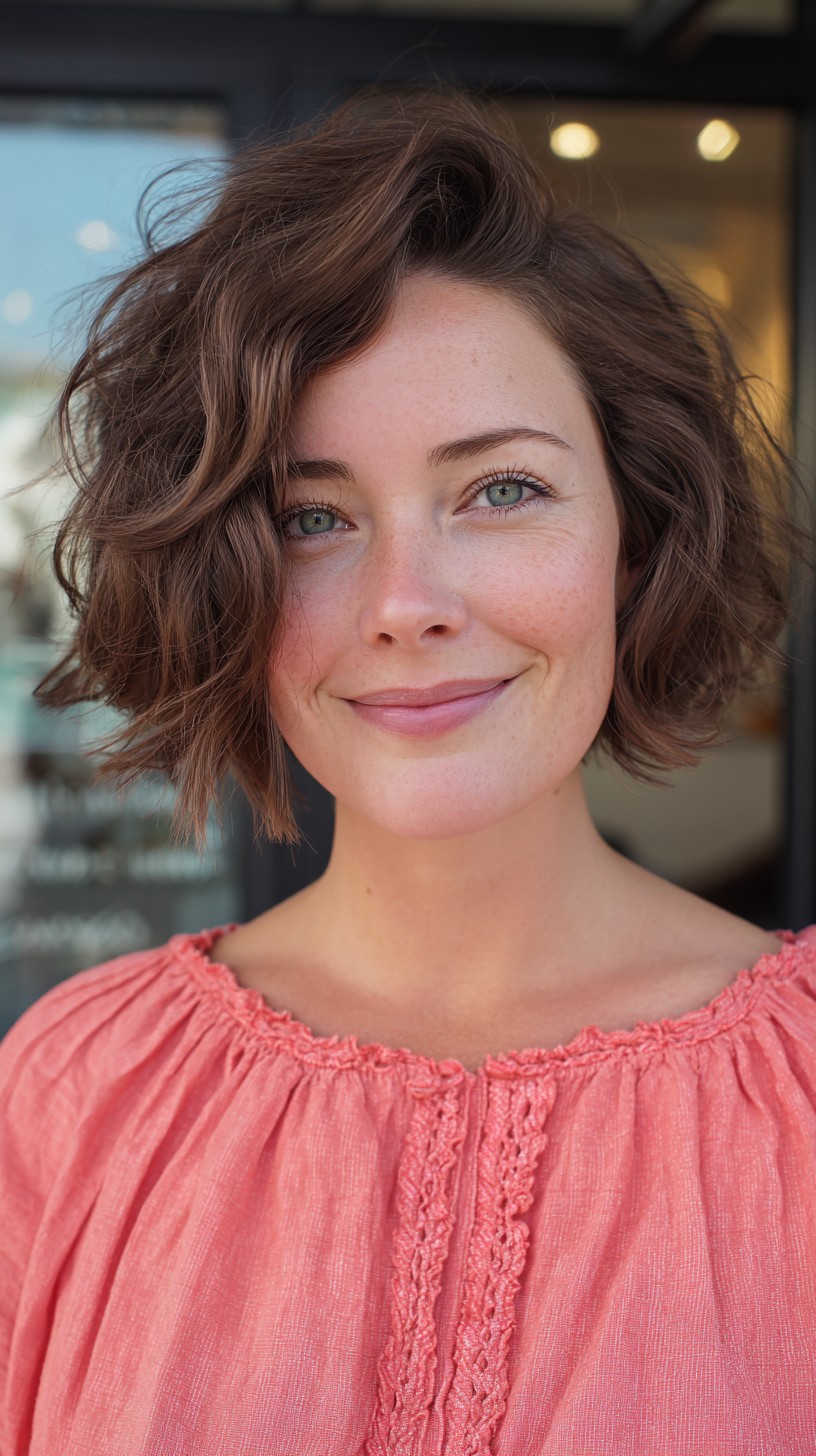 Textured Chestnut Waves with Cheek-Length Bob