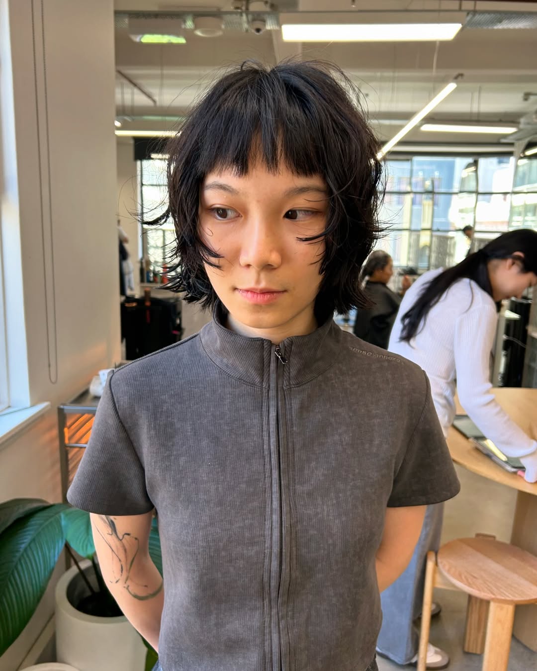 Textured Raven Black Lob with Wispy Bangs