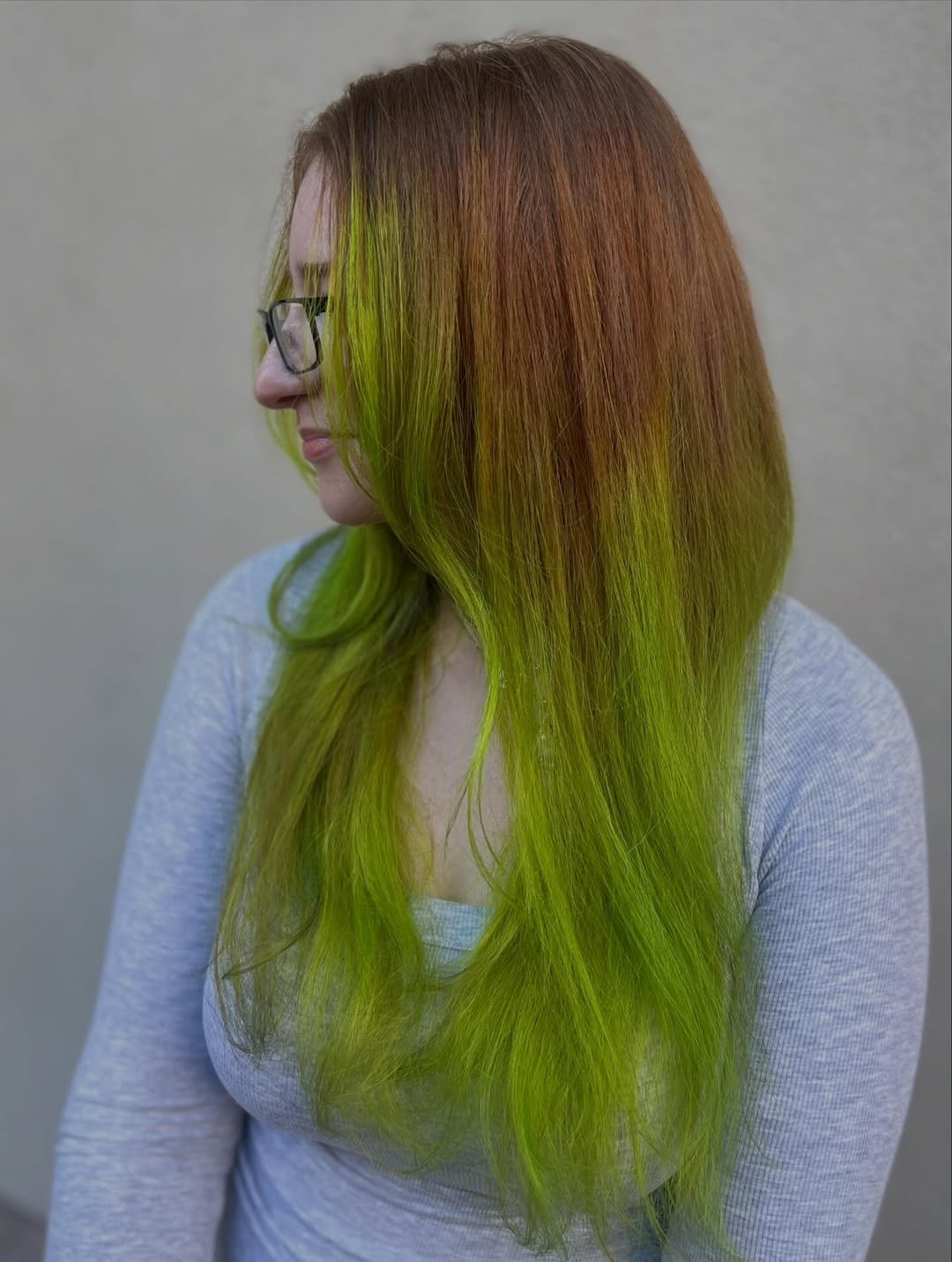 Vibrant Auburn-to-Lime Gradient on Long Straight Hair