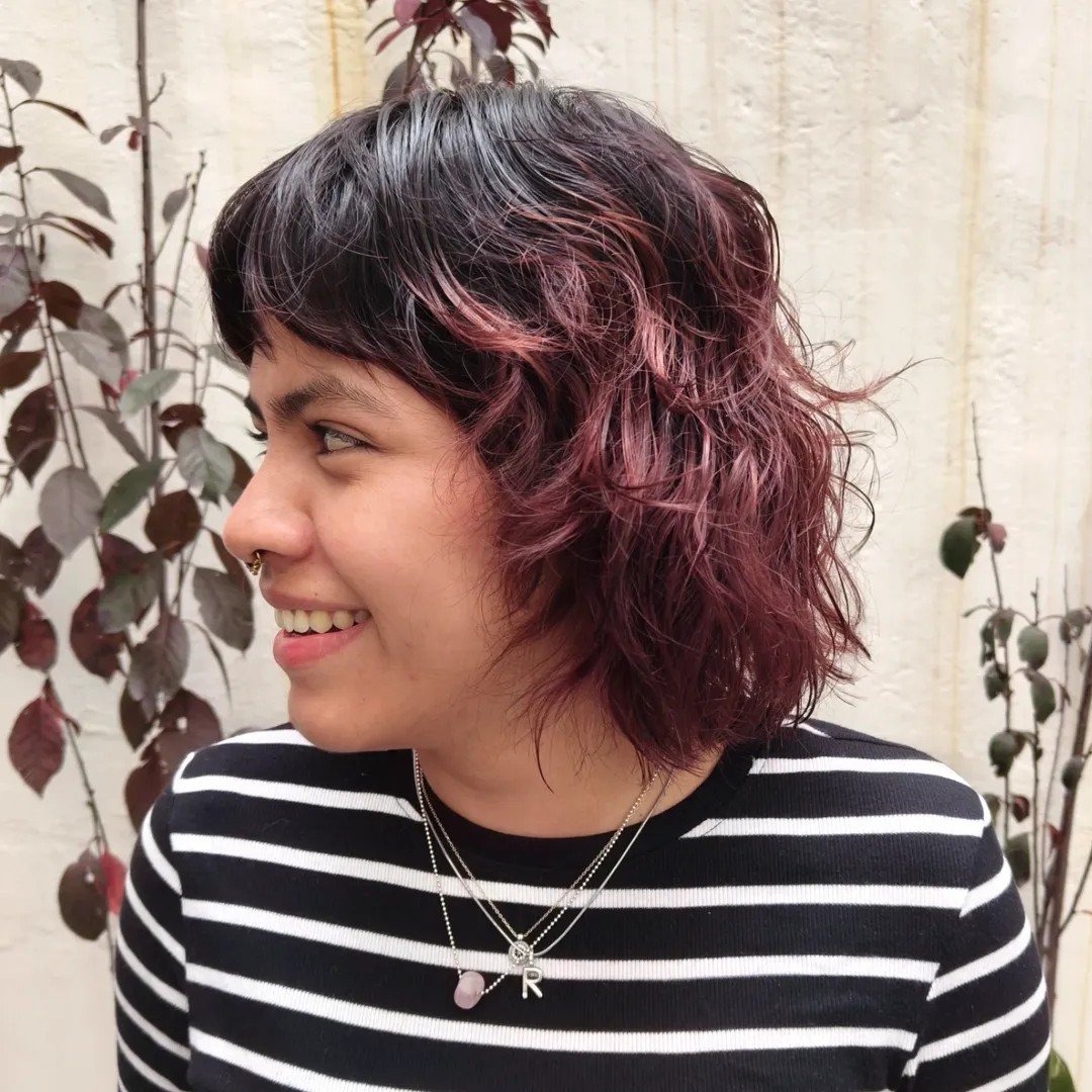 Burgundy-and-Black Tousled Waves with Peek-a-Boo Bangs