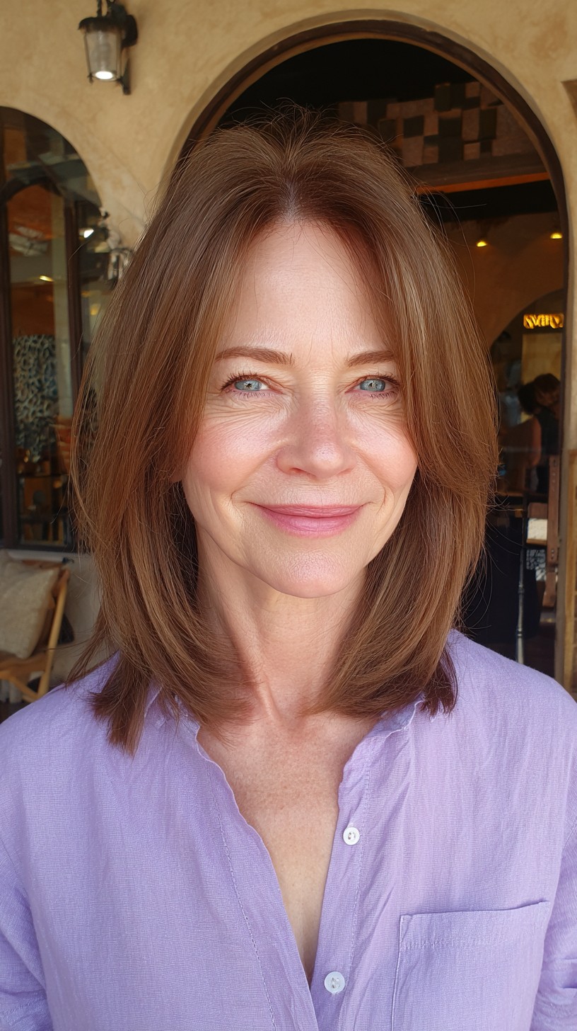 Charming Chestnut Lob with Blended Curtain Bangs