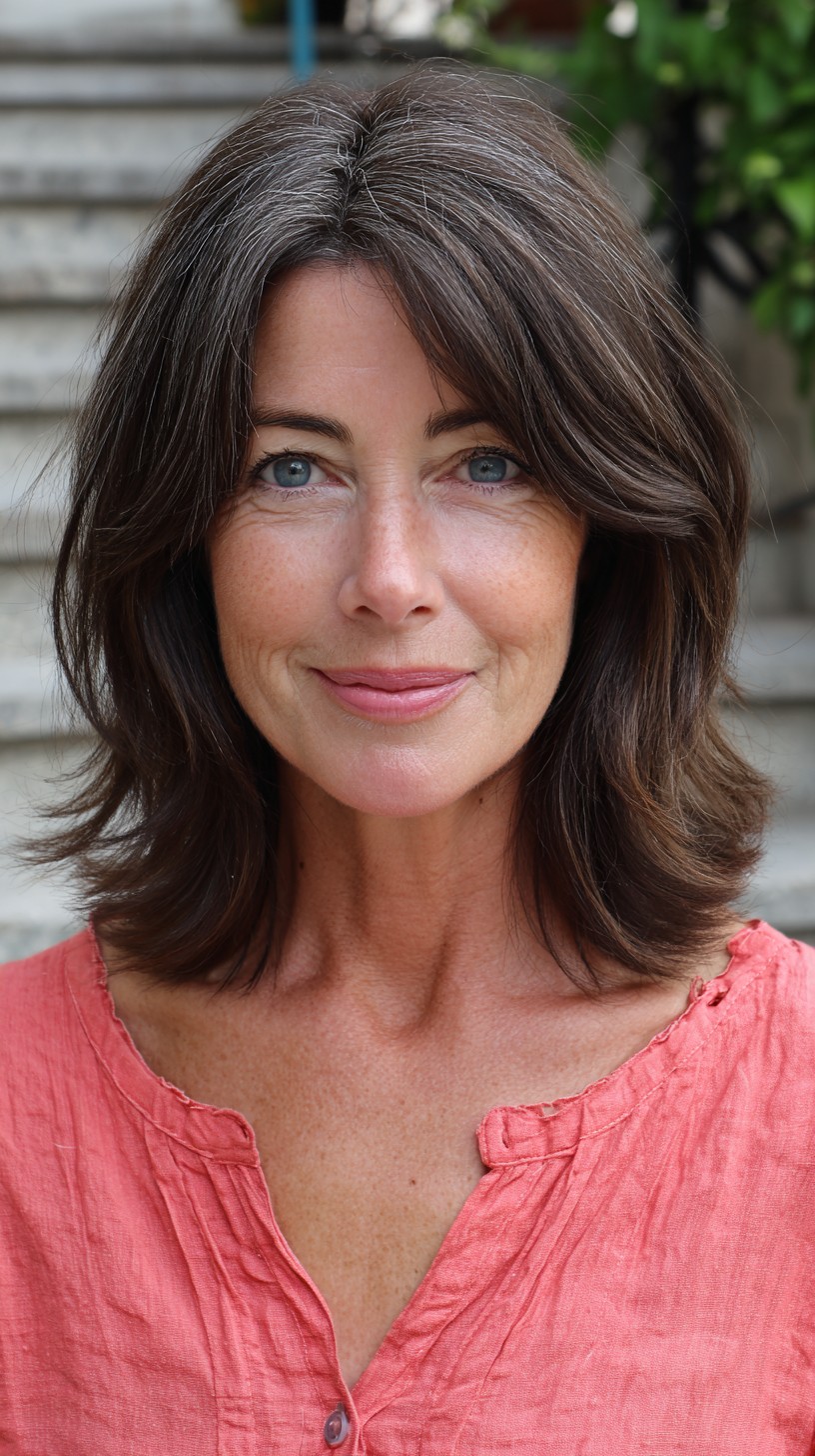 Dynamic Chestnut Lob with Flared Curtain Bangs