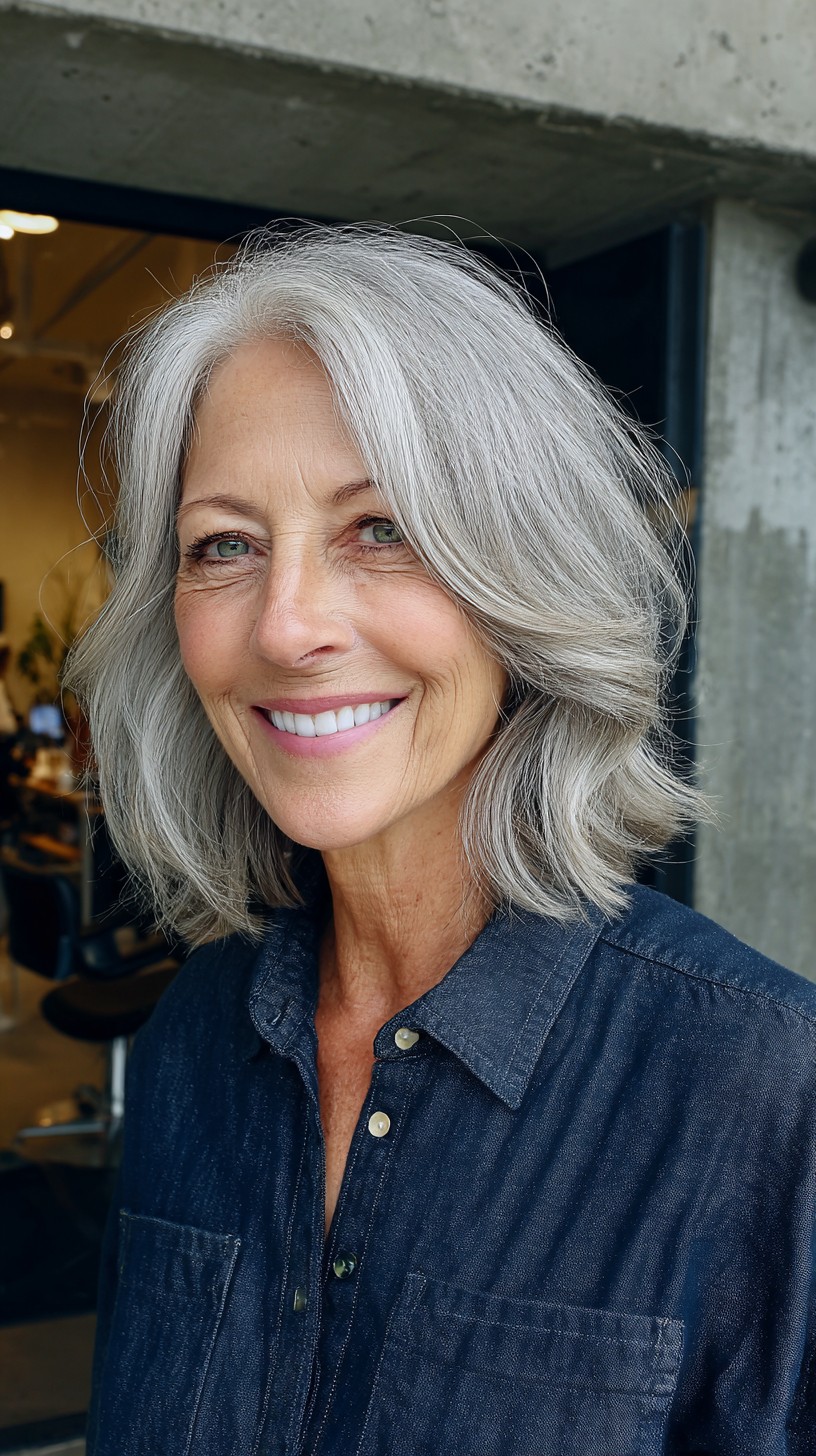 Elegant Silver Lob with Delicate Curtain Bangs
