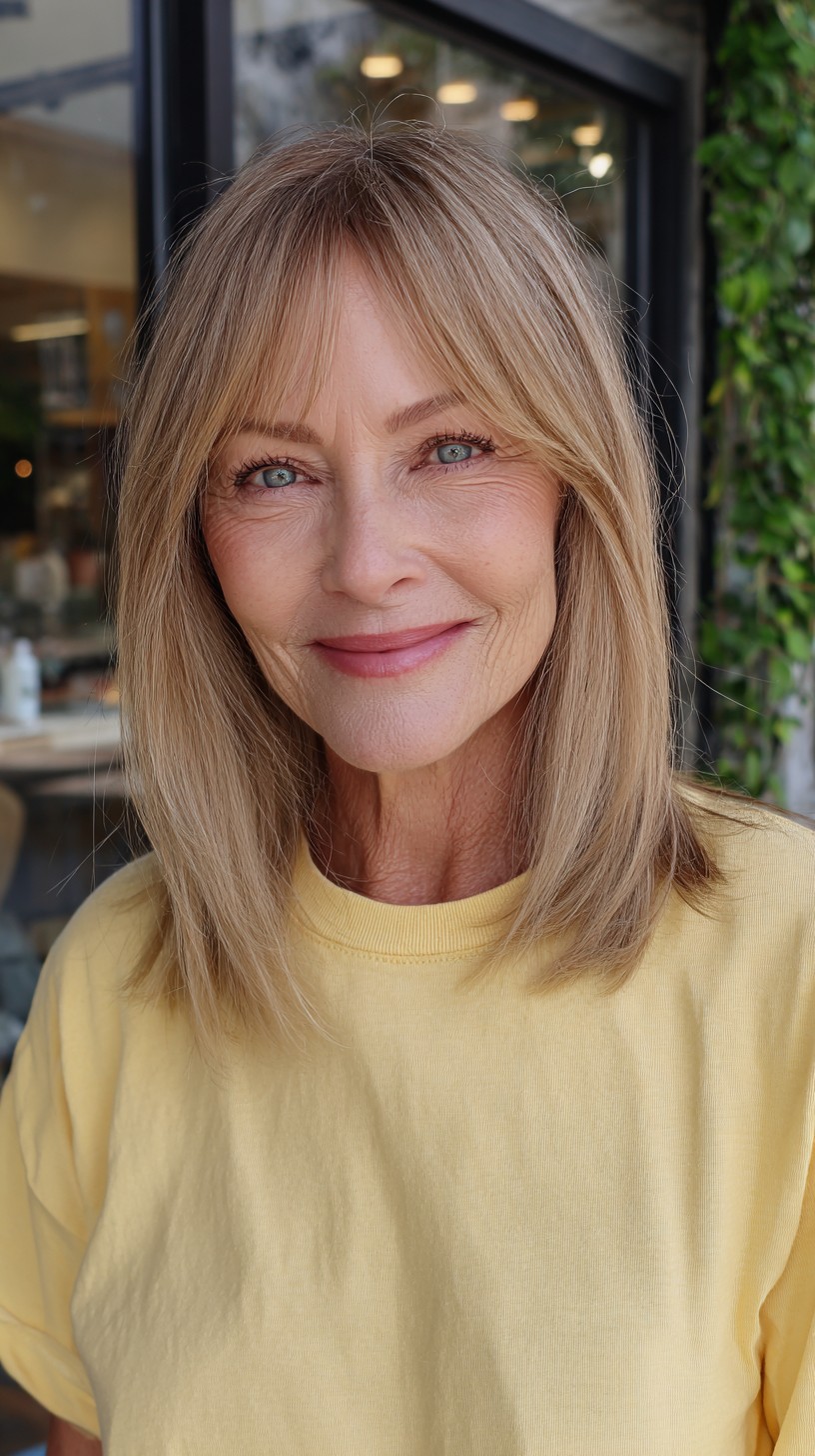 Golden Blonde Lob with Feathered Curtain Bangs