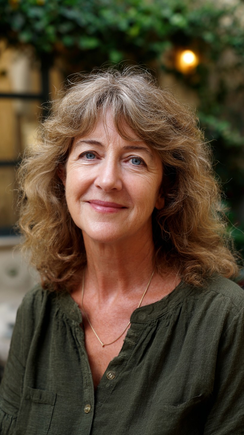 Natural Curls with Flowing Curtain Bangs for Mature Women