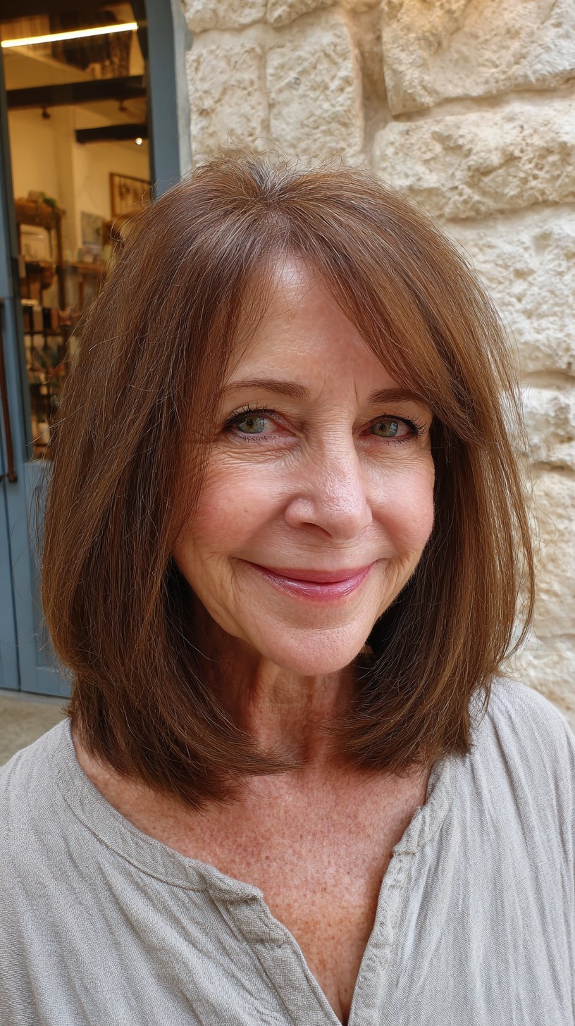 Rich Auburn Lob with Gentle Curtain Bangs