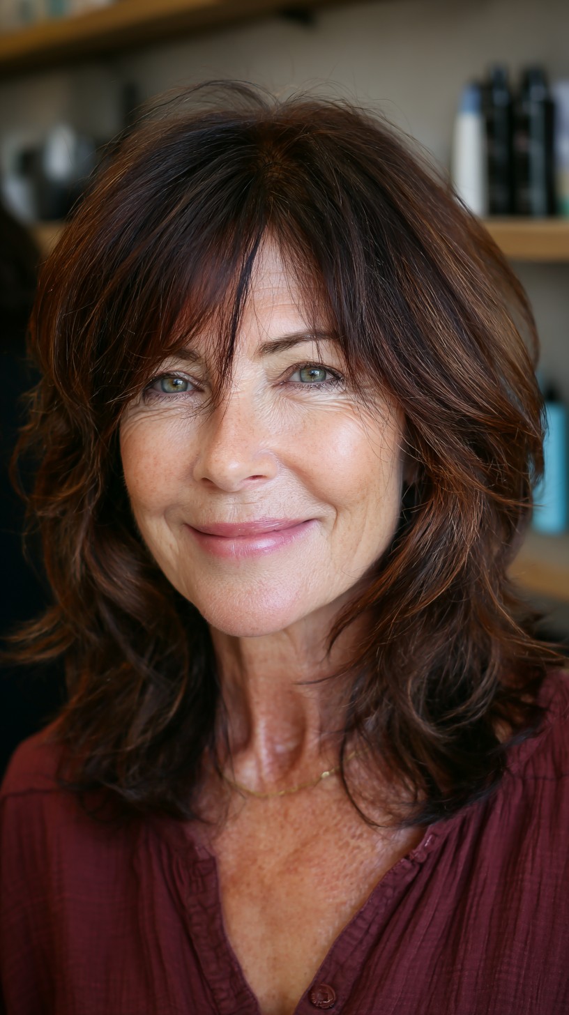 Rich Chestnut Waves with Defined Curtain Bangs