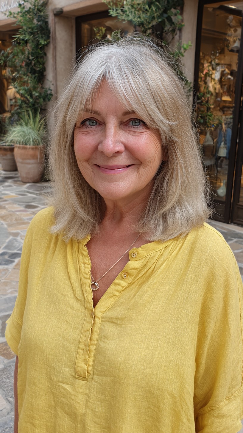 Silver Blonde Straight Lob with Light Curtain Bangs