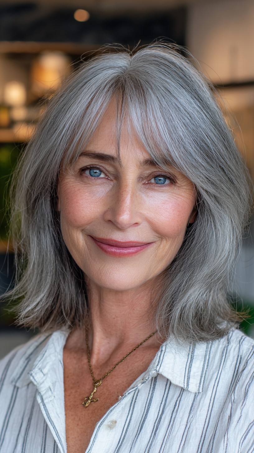 Silver Cascade Lob with Gentle Curtain Bangs