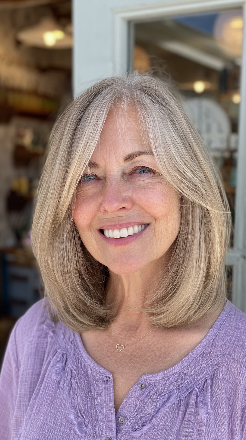 Silver Elegance Straight Lob with Light Curtain Bangs