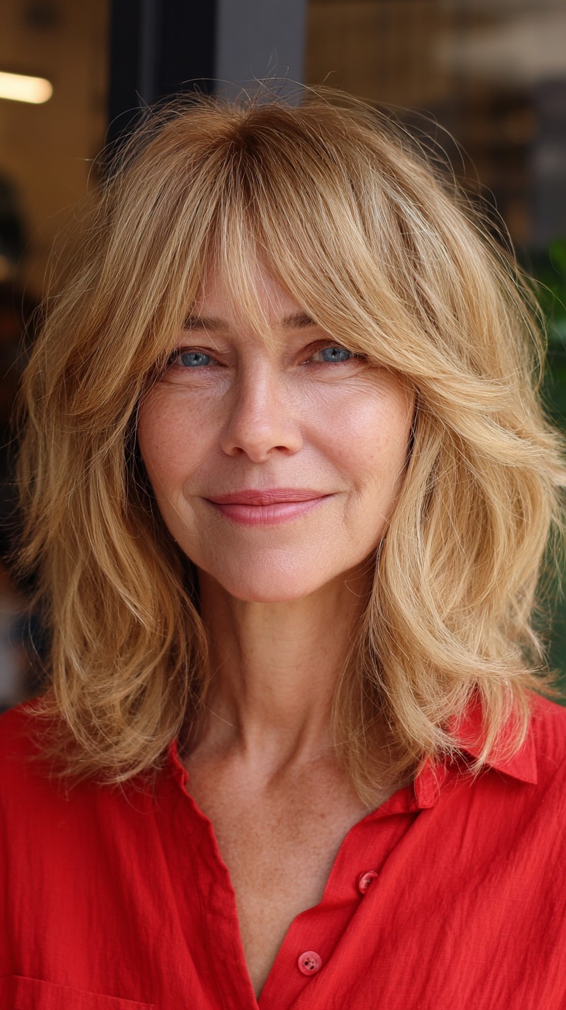 Soft Blonde Waves with Curtain Bangs for Mature Elegance