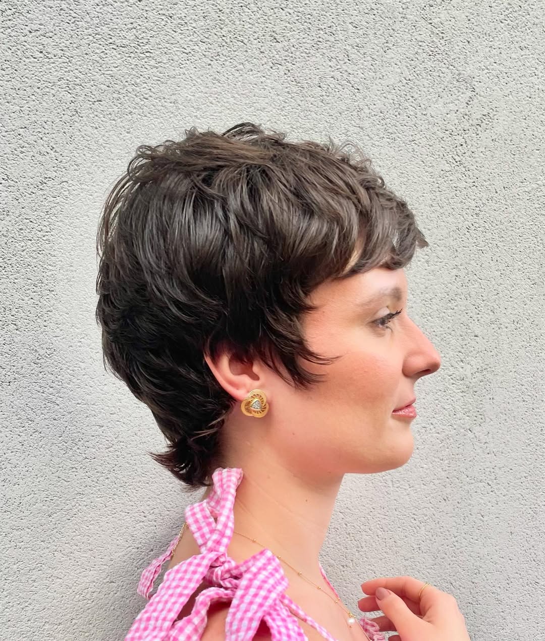 Stylish Espresso Tousled Shag with Side-Swept Bangs