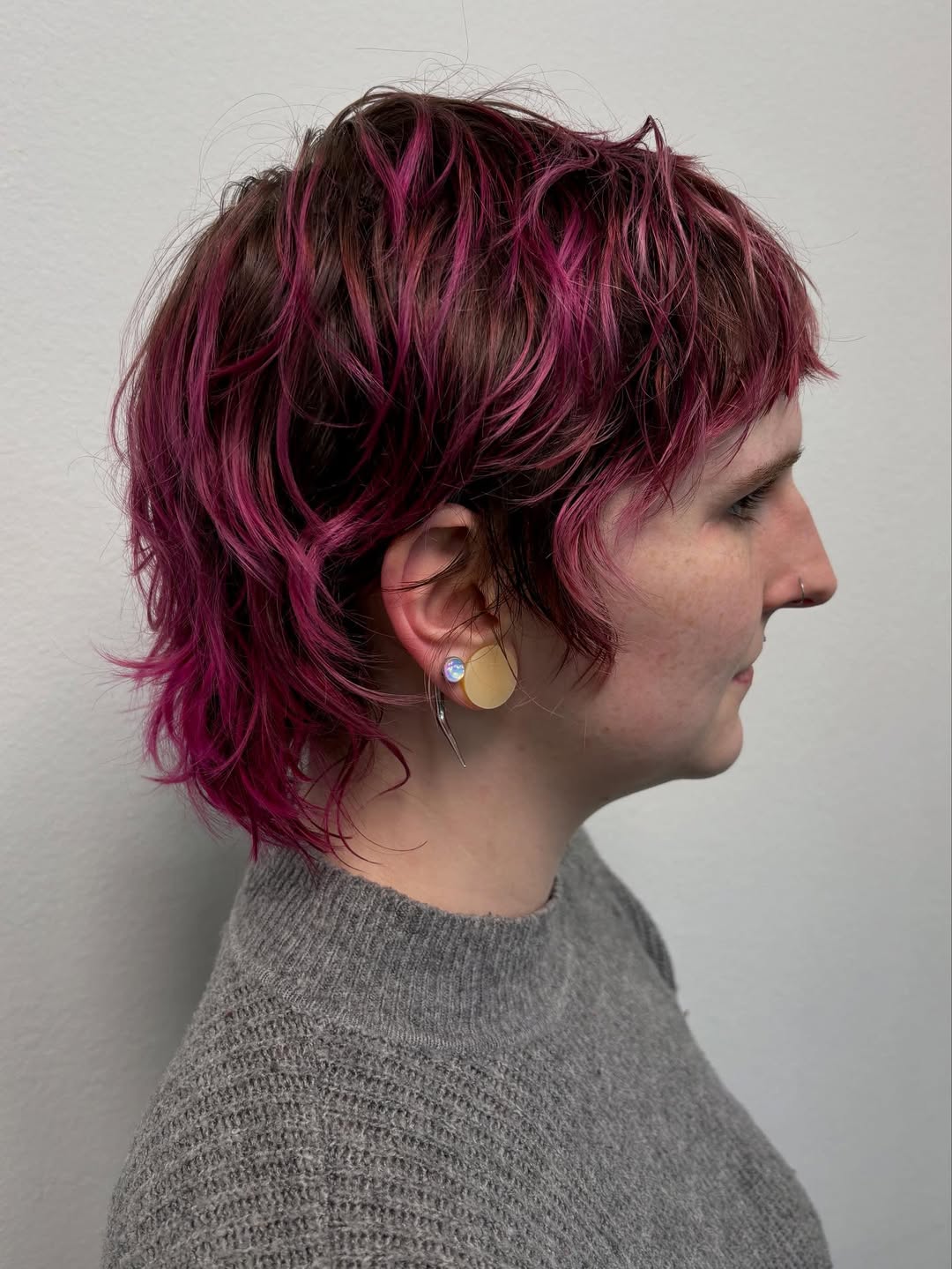 Vibrant Magenta Textured Shag with Layered Bangs