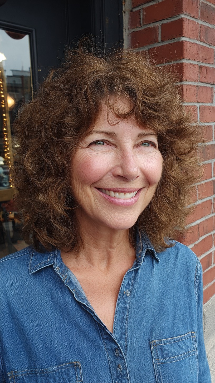 Voluminous Chestnut Curls with Natural Curtain Fringe