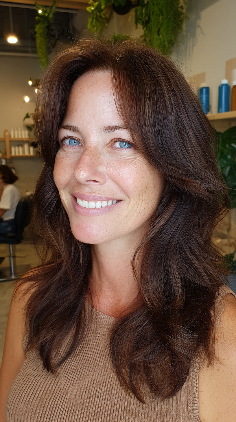 Beautiful Brown Layered Waves with Soft Face-Framing Pieces