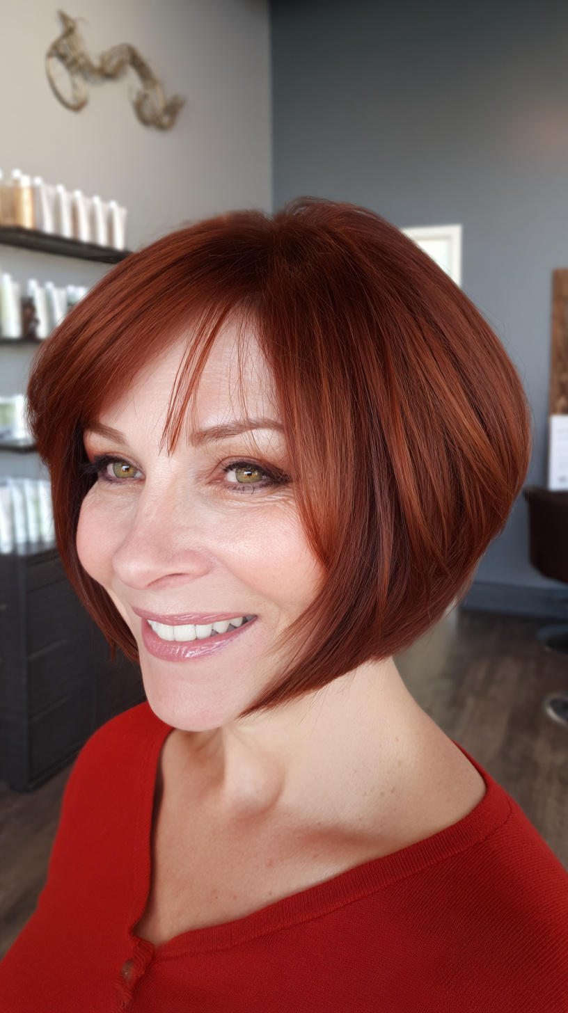 Bold Auburn Stacked Bob with Face-Framing Layers