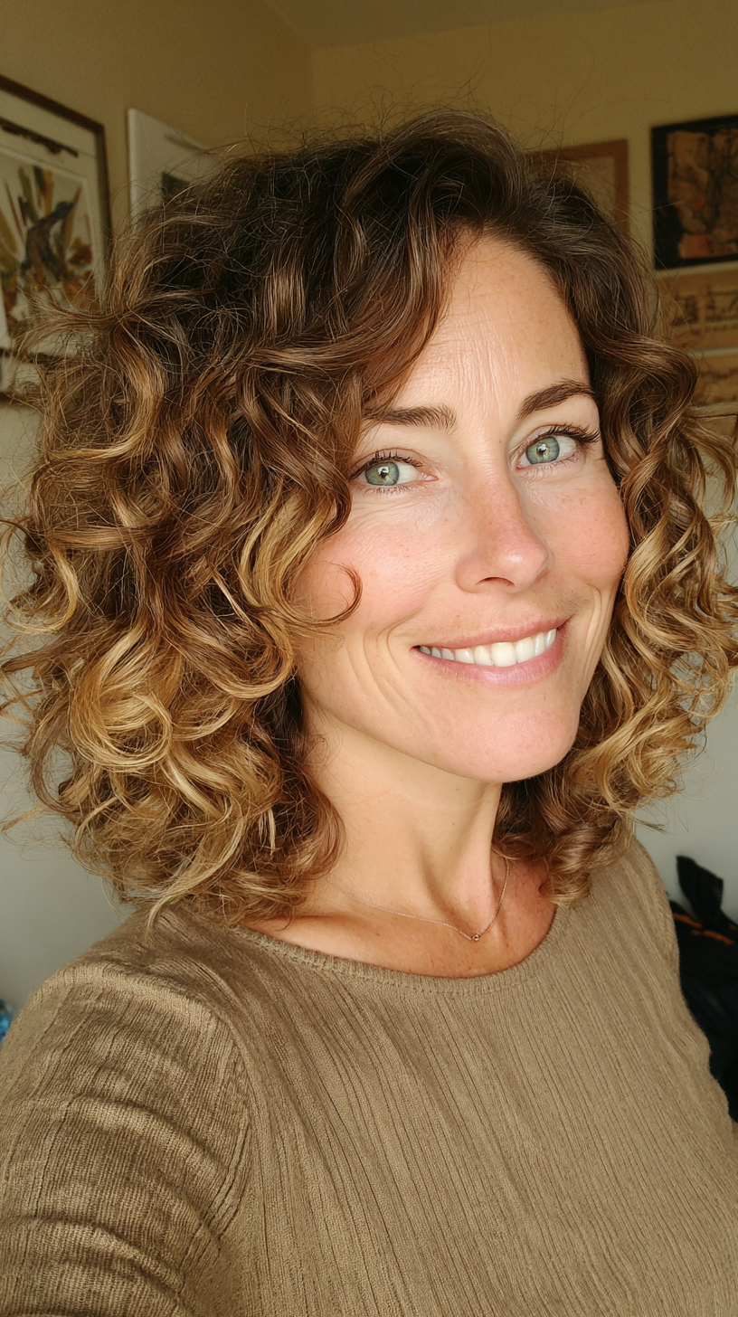 Chic Curly Layered Cut with Sun-Kissed Highlights