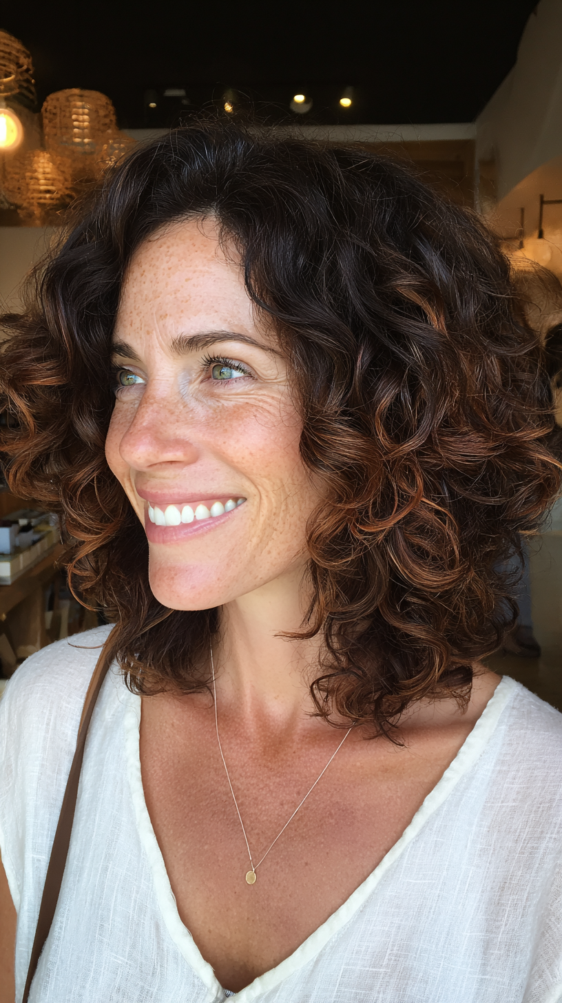 Dynamic Curly Layered Cut with Warm Highlights