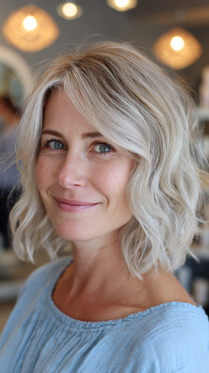 Textured Wavy Lob with Subtle Blonde Highlights