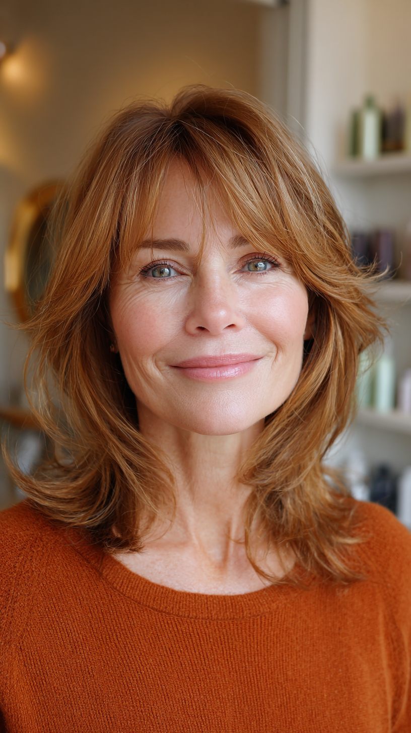 Warm Copper Layered Hairstyle with Face-Framing Bangs