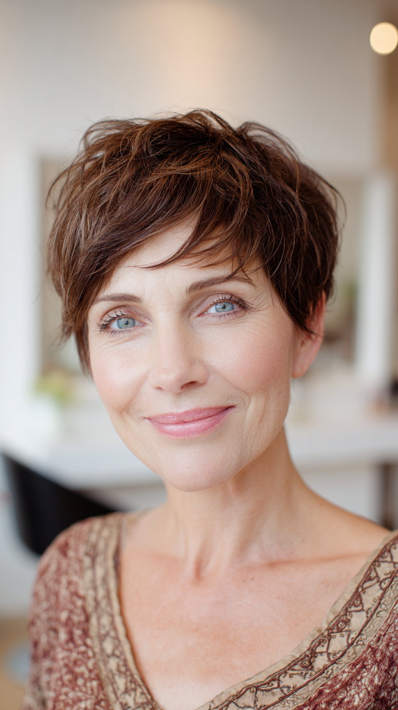 Chic Textured Brown Pixie with Subtle Volume