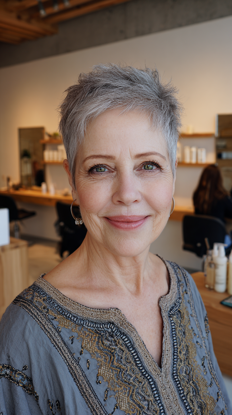 Chic Textured Silver Pixie with Feathered Layers