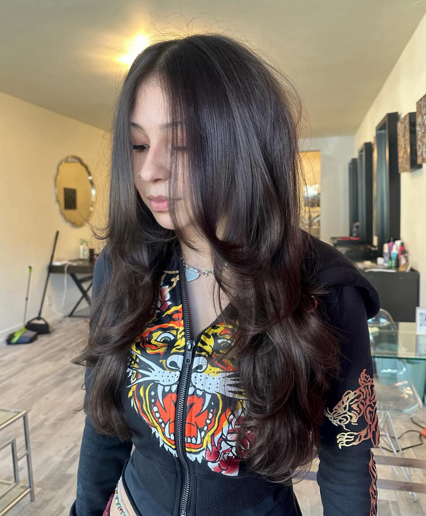 Flowing Brunette Waves with Subtle Highlights
