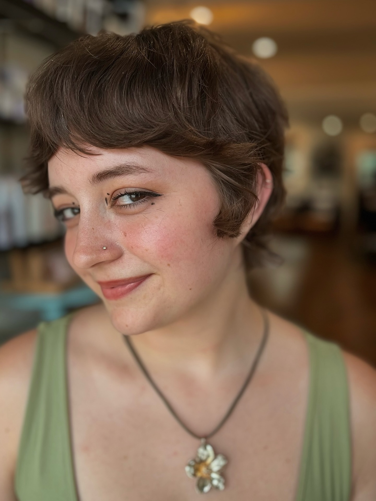 Rich Chestnut Tousled Pixie with Soft Side Bangs
