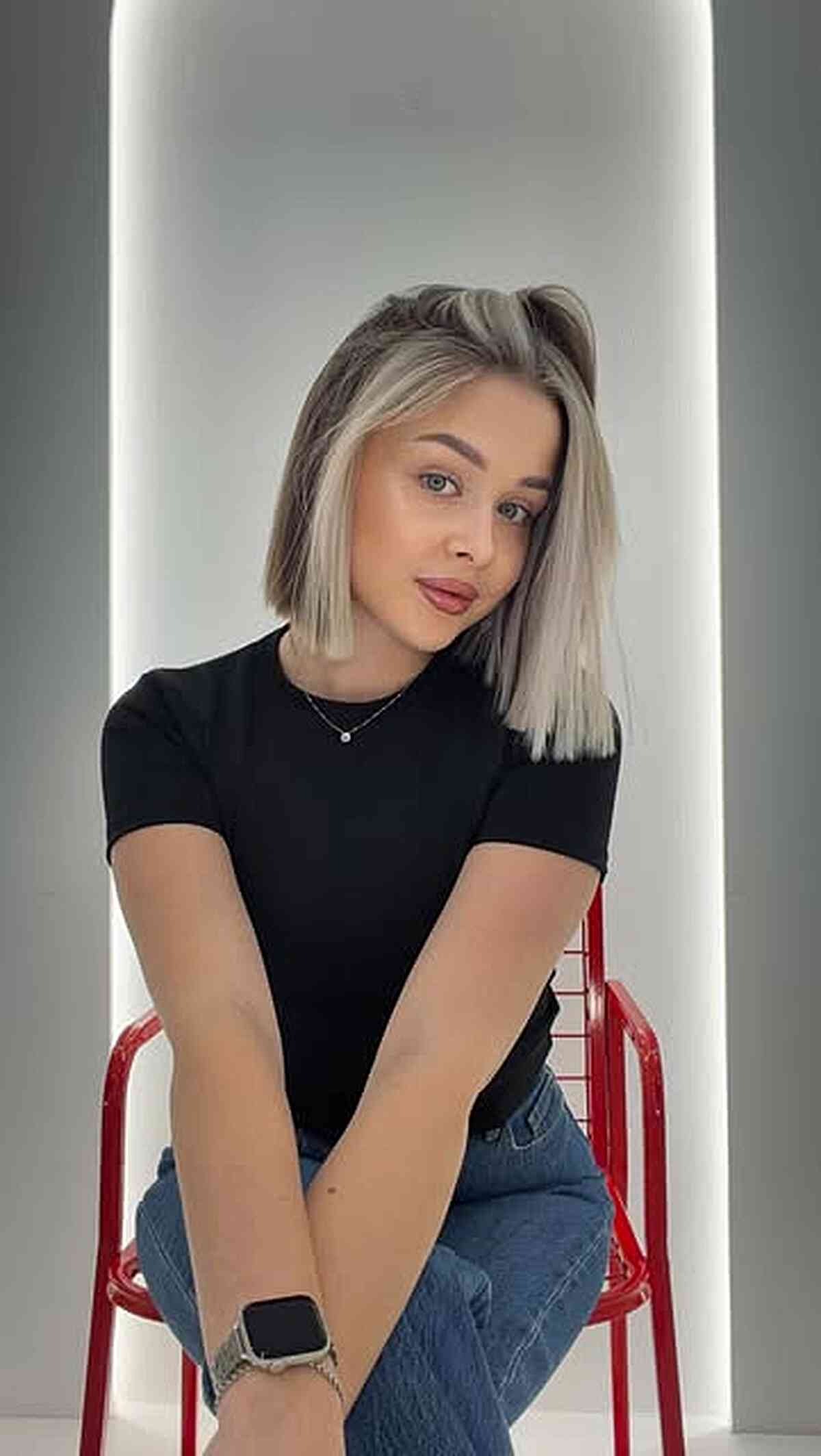 Stylish Ash Blonde Blunt Bob with Darker Roots