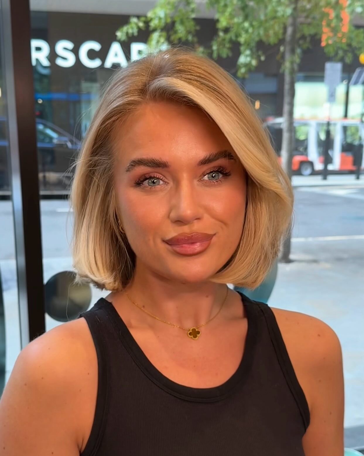 Bright Blonde Textured Bob with Shadow Root