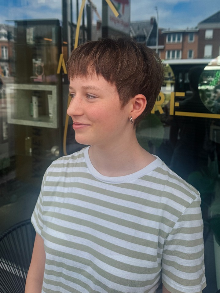 Soft Tawny Tapered Pixie with Side-Swept Bangs