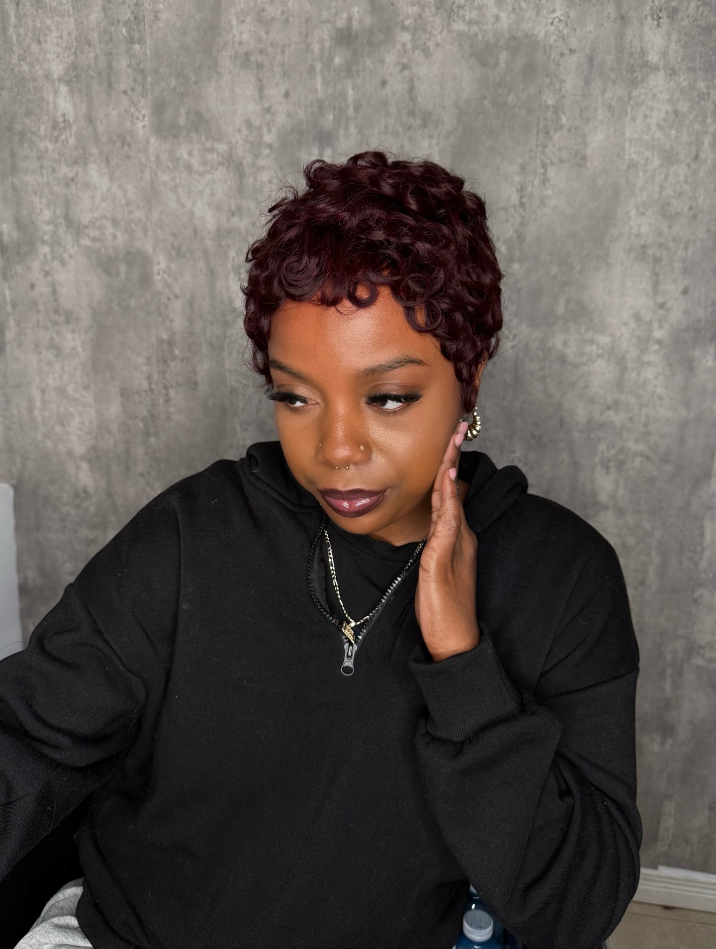Vibrant Burgundy Curly Tapered Pixie