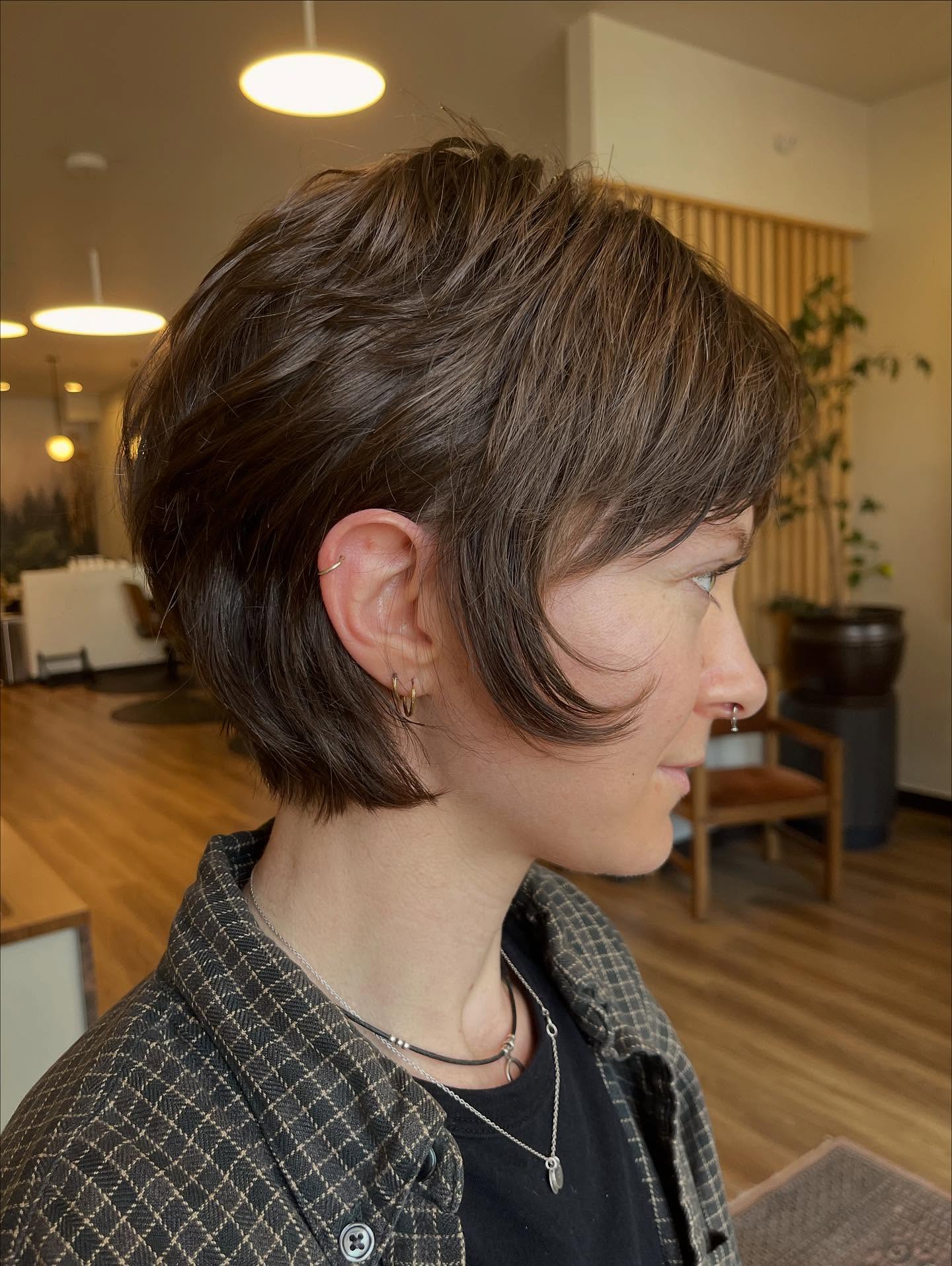 Whimsical Feathered Chestnut Bob with Delicate Texturing