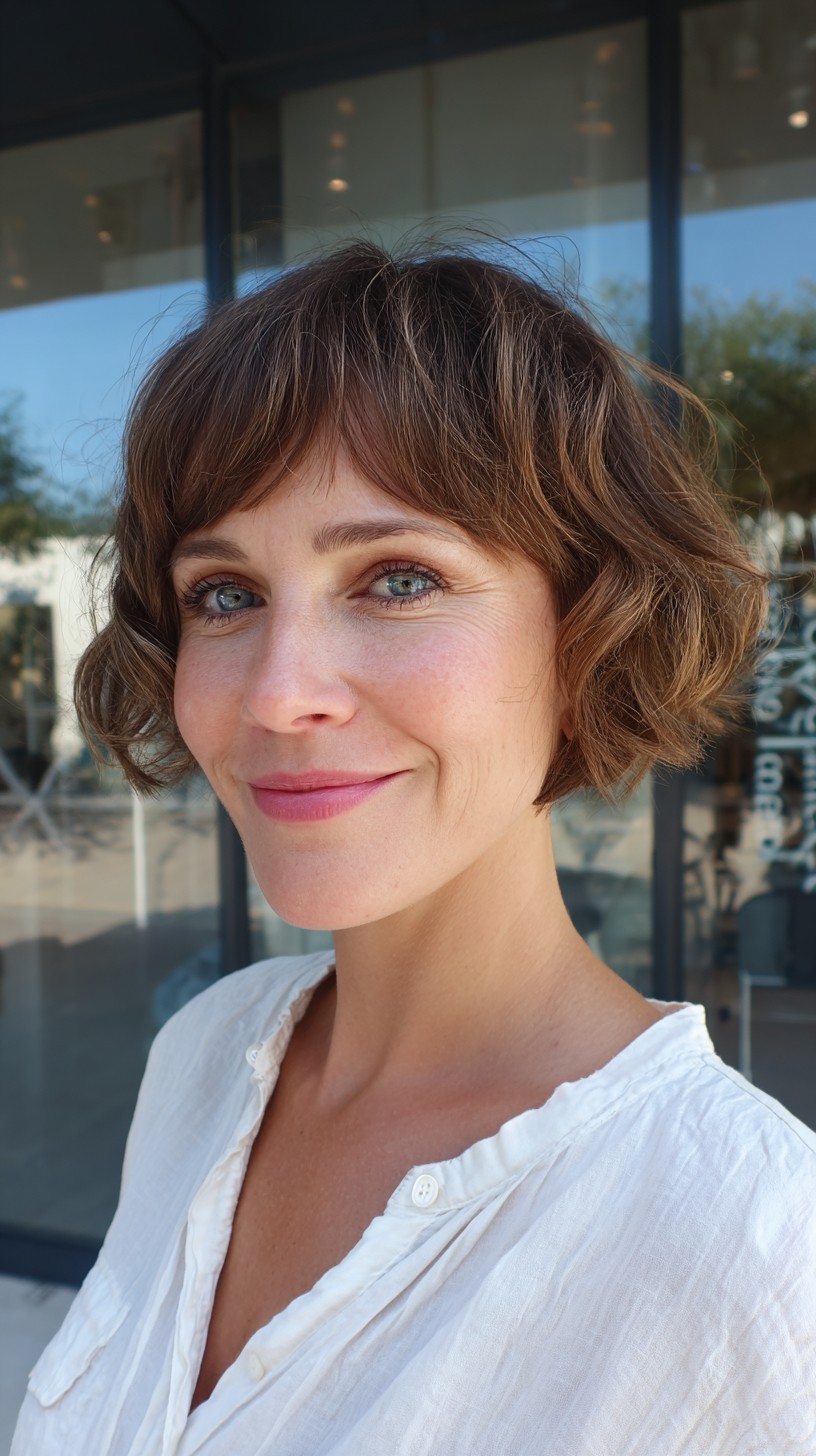 Charming Chestnut Wavy Bob with Soft Bangs