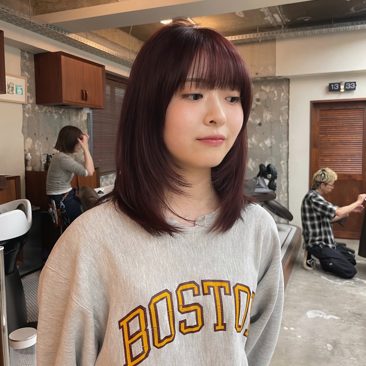 Chic Burgundy Lob with Soft Blunt Bangs